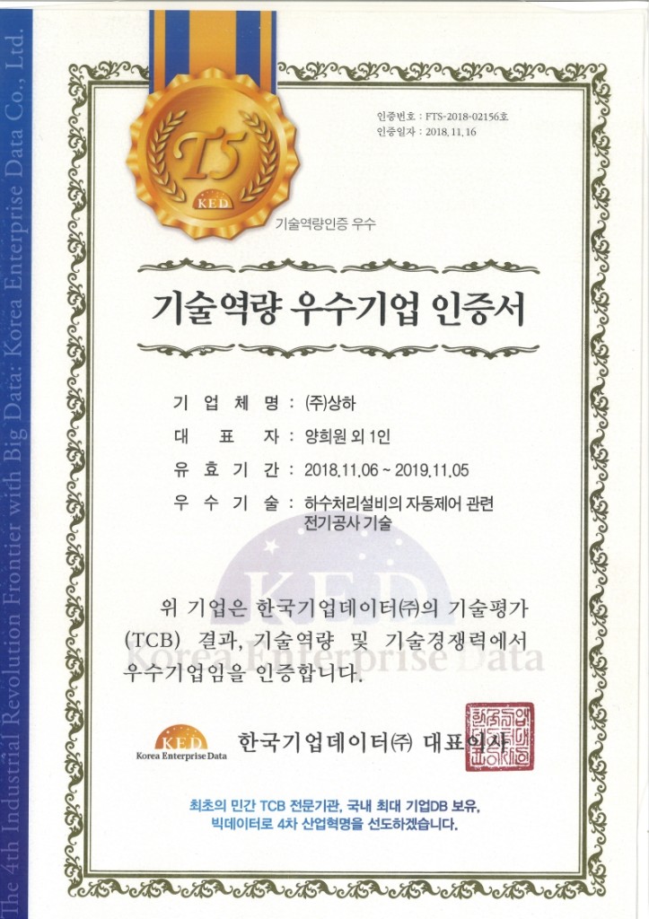 기술역량 우수기업 인증서